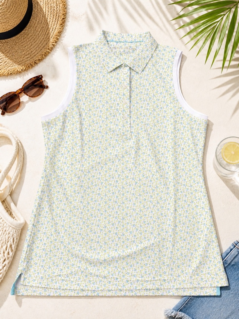 Fresh and sporty Peter Millar sleeveless polo tank in a vibrant lime green print